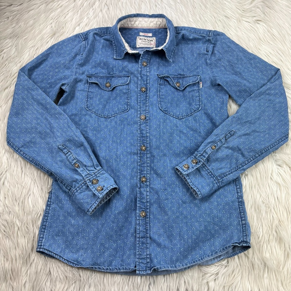 Burton Women's S Blue Polka Dot Chambray Button Front Shirt Long Sleeves
